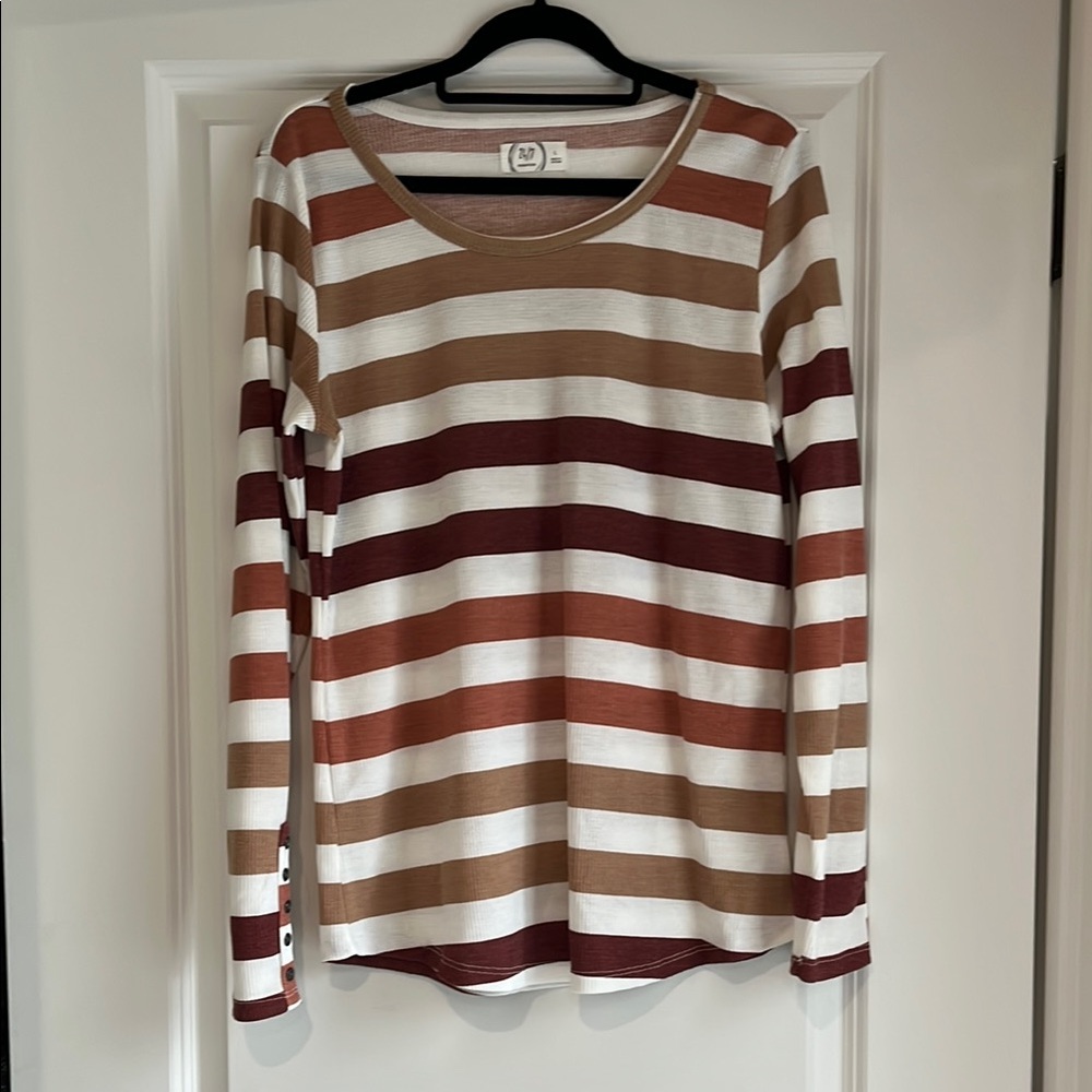 Striped Long Sleeve Top - Brown, Tan, White